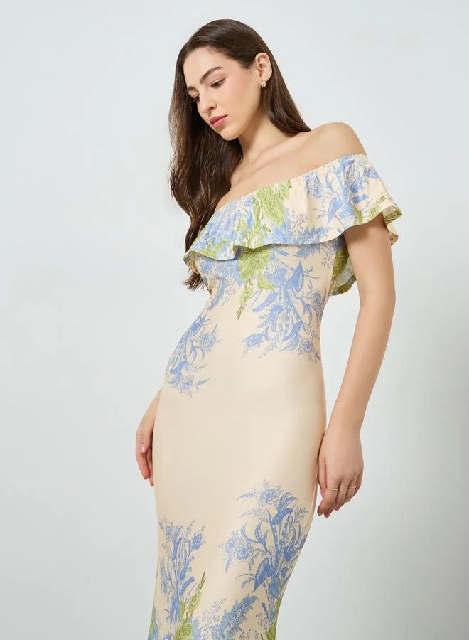 تايك تو فستان طويل بحافة ميرميد وطبعة أزهار مكشوف الأكتاف للنساء